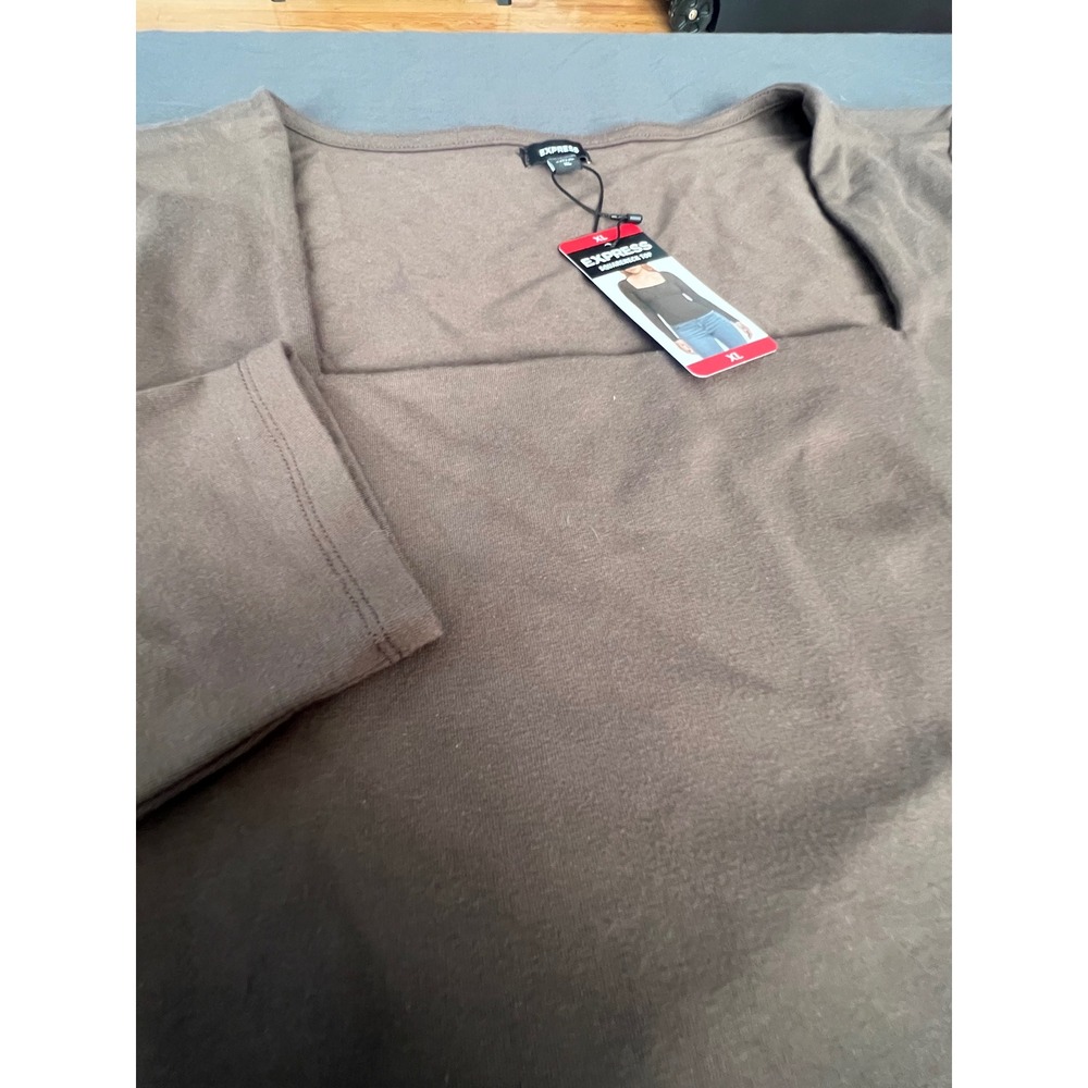 Express Womens Square Neck Long Sleeve Top Brown Cotton Modal Spandex XL NWT
